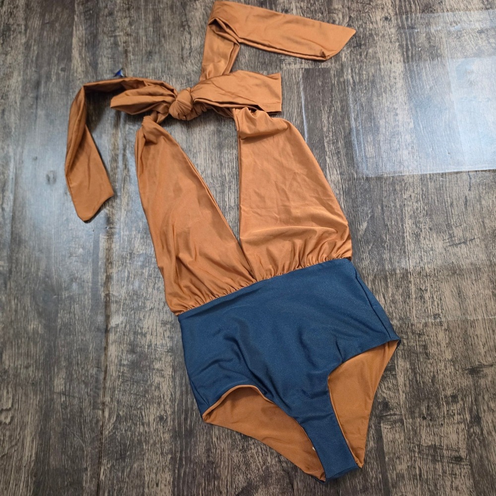 RIO DE SOL‎ One Piece Swimsuit Womens Medium Copper Navy Blue Colorblock Halter